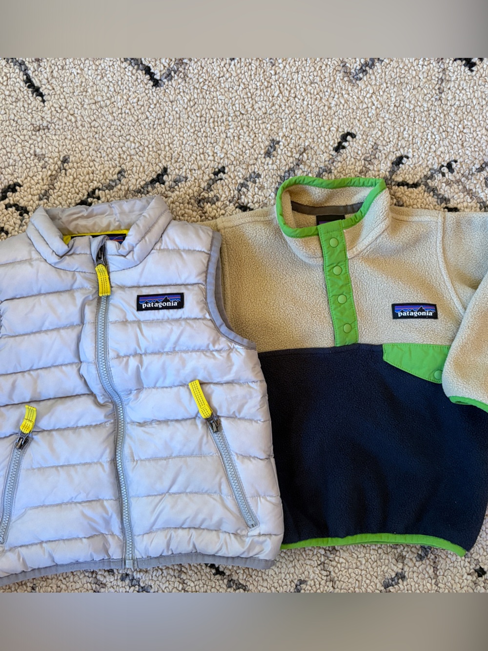 Patagonia Puffer Vest & Beige Fleece Jacket (12/18m)